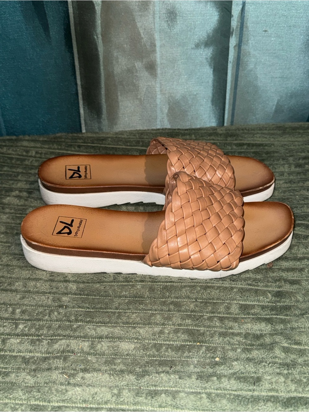 Dirty Laundry Woven Slide Sandals in Tan with White Sole